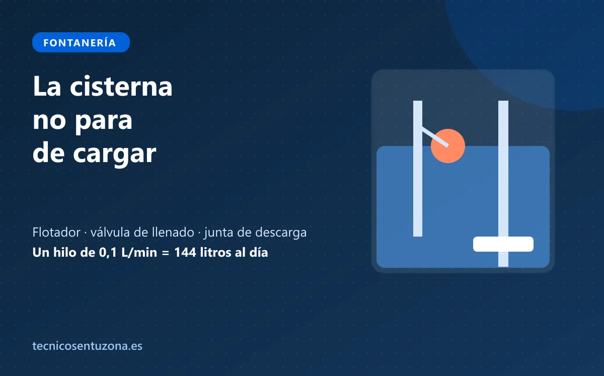 Ilustración del interior de una cisterna con el flotador, la válvula de llenado y la descarga